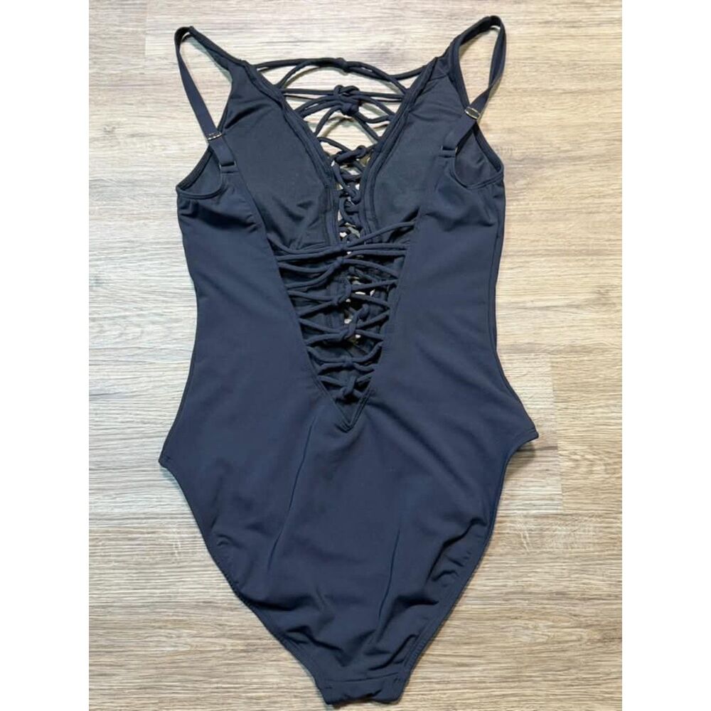 Women’s Black One Piece Swimsuit Lace Up Plunge Front Strappy Bathing Suit